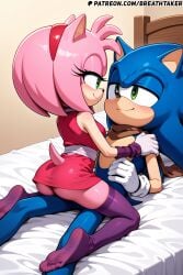 ai_generated amy_rose amy_rose_(boom) ass bandana bed bedroom blue_fur breathtaker feet female_on_male female_on_top furry furry_female furry_male furry_only green_eyes hi_res lying_on_back lying_on_bed on_bed pink_fur ready_for_sex ready_to_fuck sonic_(series) sonic_boom sonic_the_hedgehog sonic_the_hedgehog_(series) stockings straddling