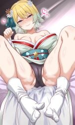 1girls ass black_panties blonde_hair blue_eyes fire_emblem fire_emblem_heroes fjorm_(fire_emblem) fjorm_(new_year)_(fire_emblem) green_hair heart heart_symbol inviting kimono looking_at_viewer medium_breasts multicolored_hair nintendo panties spread_legs thick_thighs thighs yuichi32160506