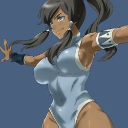 armlet armpits avatar_legends bare_shoulders black_hair blue_eyes blue_leotard breasts dark-skinned_female dark_skin female hair_tubes jewelry korra large_breasts leotard long_hair naso4 photoshop_(medium) sideboob simple_background smile solo the_legend_of_korra topknot vambraces