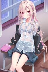 black_nails cardigan female highres knees_together_feet_apart mana_(yoye_(pastel_white)) medium_breasts multicolored_hair original pleated_skirt red_eyes school_desk school_uniform see-through see-through_shirt solo wet wet_shirt yoye_(pastel_white)