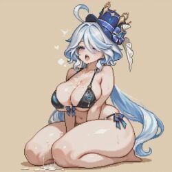 ai_generated blue_eyes cum cum_in_mouth cum_on_breasts cum_on_face fontaine_girls furina_(genshin_impact) genshin_impact hat hoyoverse kneeling looking_at_another open_mouth pixel pixel_art shy simple_background sitting sticking_out_tongue white_background white_hair