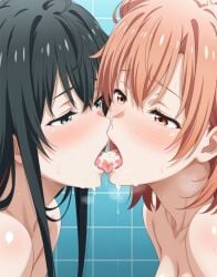 ai_generated black_hair blue_eyes blush cum_in_mouth dripping kissing my_teen_romantic_comedy_snafu naked nude orange_eyes orange_hair shower sweat yuigahama_yui yukinoshita_yukino yuri