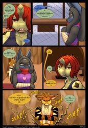 absurd_res anthro bar bear213 clothed clothing comic electricity english_text female generation_1_pokemon generation_2_pokemon generation_4_pokemon hi_res larvitar lucario male nintendo pikachu pokemon pokemon_(species) text window