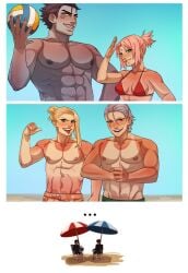 1girls abs beach bikini bikini_top blonde_hair blonde_hair_male blue_eyes deidara female flexing green_eyes grey_hair hidan hoshigaki_kisame male multiple_boys muscular muscular_male naruto naruto_(series) naruto_shippuden pink_hair sakura_haruno sasori shirtless shirtless_male summer sunburn tan_body tan_skin tanline tanned topless uchiha_itachi umbrella villain