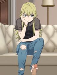 1boy 1girls arms assertive_female blonde_hair blue_eyes clothed crotch dick disinterested dominant_female emotionless_sex feet female femdom flexible_toes foot_fetish foot_focus footjob hands holding_with_feet jeans kyokou_suiri legs light_skin long_hair medium_breasts nude_edit nude_filter otonashi_rion penis screencap screenshot sitting trousers unimpressed yellow_hair