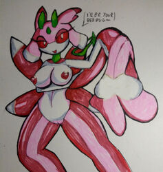 1girls breasts cactuscacti english_text female female_only insect looking_at_viewer lurantis nintendo nipples pokemon pokemon_sm pussy simple_background solo text traditional_media_(artwork) video_games wide_hips