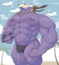 abs absurd_res anthro barazoku biceps big_pecs blush bone bulge claws clothing demon elias_ainsworth hi_res horn male monster muscular muscular_male muscular_thighs mzsilent navel nipples pecs serratus skull skull_head solo swimwear the_ancient_magus_bride thong triceps underwear