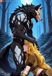 1girls 1monster ai_generated areolae beowolf_(rwby) blonde_hair blush grimm_(rwby) interspecies kneeling long_hair monster on_knees rwby shiny_hair shiny_skin submissive submissive_female violet_eyes yang_xiao_long