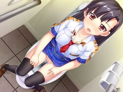 black_hair black_legwear blue_skirt blush breasts censored covered_nipples daini_ongakushitsu_he_youkoso!! dutch_angle female game_cg hands_on_own_thighs highres indoors knees_together_feet_apart long_hair looking_at_viewer mole mole_under_mouth mosaic_censoring ookouchi_sayaka open_mouth panties panty_pull peeing pussy red_eyes school_uniform shirt shoes sitting skirt solo take_shinobu thighhighs tile_floor tiles toilet toilet_paper toilet_use underwear urine white_shirt