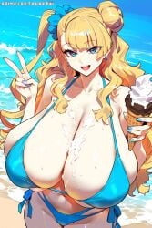 1girls ai_generated beach big_breasts bikini blonde_female blonde_hair blue_bikini breasts cleavage food galko galko-chan happy huge_breasts ice_cream large_breasts oshiete!_galko-chan outdoors solo summer tamagochiiii v