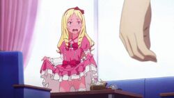 1boy animated animated blonde_hair blush bottomless clitoris curtains decensored dress dress_lift edited eromanga_sensei female full-face_blush no_panties nude_filter pussy third-party_edit yamada_elf