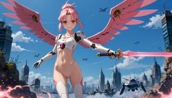 ai_generated android battle before_anal before_oral before_sex fight legs mech_unit_jenv13 mechanical_wings original_character pink_eyes pink_hair pussy robot robot_girl robot_humanoid robot_joints robotic_arm robotic_legs saber shaved_pussy sword terror139 thighs under_attack war