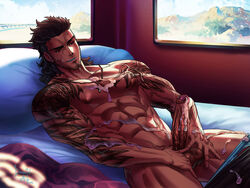 1boy abs bara bed black_hair cum cum_on_body dreadful_alibi erection facial_hair final_fantasy final_fantasy_xv gladiolus_amicitia grin lying male_only muscle naughty_face pecs penis penis_grab pillow scar smile smirk solo_focus testicle_grab testicles topless window