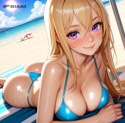1girls ai_generated ass beach beach_towel beach_umbrella big_ass blush breasts clouds collarbone day dtkai evelyn_chevalier female large_breasts looking_at_viewer lying_on_stomach oiled outside sand sky smile sun sunbathing sunshine sweat thong_bikini wet zenless_zone_zero