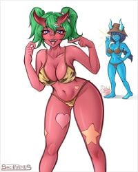 2girls bare_shoulders bikini blue_skin cleavage fortnite fortnite:_battle_royale hair_ornament hat large_breasts long_hair multiple_girls navel nemia_(fortnite) nude oni oni_horns open_mouth red_skin shiver_(fortnite) short_hair simple_background spicytraimus twintails white_background