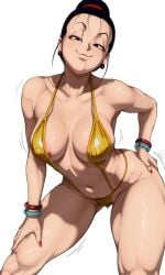 ai_generated angle_view ass bangs bent_over big_hips black_eyes black_hair chichi dragon_ball dragon_ball_z dynamic_angle half-closed_eyes hand_on_hip jewelry kamehasutra looking_at_viewer mature_female medium_breasts milf milk niamy seductive_look skinny sling_bikini smug_smile spread_legs standing taller_female thick_thighs wide_hips yellow_bikini