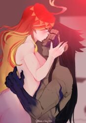 1boy 1girls ass capitano_(genshin_impact) cowgirl_position genshin_impact hand_on_head hug kiss_on_head kissing long_hair mavuika_(genshin_impact) nude nude_female nude_male orange_hair