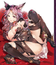 animal_ears black_dress black_gloves black_hat black_legwear black_shoes blush breast_hold breasts cameltoe catharine_(granblue_fantasy) closed_mouth curly_hair dress elbow_gloves embarrassed erun_(granblue_fantasy) female fox_ears full_body gloves granblue_fantasy hairband hat high_heels large_breasts lying mini_hat mini_top_hat nipples on_side partially_visible_vulva pink_eyes pink_hair shiny shiny_skin shoes solo spread_legs tachibana_yuu thighhighs thighs top_hat torn_clothes torn_dress