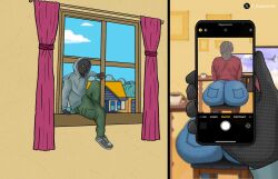 candid commission commission_art degenerarte female focus_on_ass gilf granny jeans latina latina_female latina_gilf mask mexican mexican_female oc original original_artwork original_character page_2 phone phone_camera phone_view photo photoshoot photoshop pov viewed_from_behind viewer_pov voyeur voyeur_pov voyeurism window