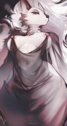 2026 anthro areola big_breasts biped breasts canid canid_demon canine clothed clothed_anthro clothed_female clothing colored demon digital_drawing_(artwork) digital_media_(artwork) female front_view fur gem genitals glistening glistening_breasts grey_body grey_fur grey_tail hair hellaverse hellhound helluva_boss hi_res jewelry loona_(helluva_boss) mammal mythological_canine mythological_creature mythology navel necklace nipple_piercing nipple_piercing_dress nipples pearl_(gem) pearl_necklace piercing pink_areola pink_nipples red_sclera shaded solo standing strigiformes tail teeth vulva white_eyes white_hair