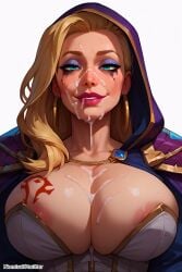 1girls ai_generated cum_on_breasts cum_on_face female_focus female_only horde_tattoo human_(world_of_warcraft) jaina_proudmoore lipstick nomisai solo stable_diffusion warcraft world_of_warcraft