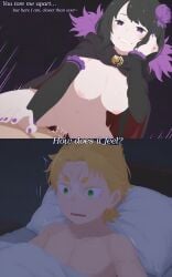 1boy 1girls 2koma bed black_hair blanket blonde_hair blonde_hair_male dream elsa_granhilte english_text garfiel_tinsel green_eyes in_bed purple_eyes purple_nail_polish purple_nails rawr69 re:zero_kara_hajimeru_isekai_seikatsu sex text waking_up