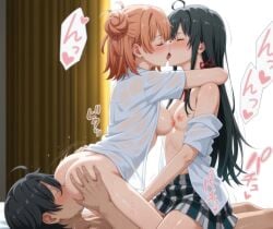 1boy 2girls ai_generated bisexual bisexual_female black_hair blush closed_eyes cowgirl_position ffm_threesome kissing large_breasts making_out mostly_nude my_teen_romantic_comedy_snafu open_mouth open_shirt orange_hair reverse_spitroast small_breasts sweat vaginal_penetration yuigahama_yui yukinoshita_yukino