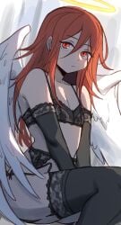 1boy angel_devil_(chainsaw_man) angel_wings arm_gloves armwear bra chainsaw_man femboy garter_belt garter_straps gay gay_male halo legwear lightsource lingerie looking_at_viewer male male_only panties red_eyes red_hair solo thighhighs yaoi