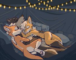 2024 animal_genitalia anthro ass borko_(barkwoofawoo) breasts canid canine canis closed_eyes cuddling feet female fox fur genitals grey_body grey_fur group hindpaw inner_ear_fluff kari_(barkwoofawoo) lying male mammal nude on_back open_mouth orange_body orange_fur orange_tail pawpads paws pillow pink_pawpads rika_(barkwoofawoo) sheath sibling_(lore) sister_(lore) sisters_(lore) sleeping string_lights tail tan_body tan_fur theblueberrycarrots trio tuft white_body white_fur white_inner_ear_fluff wolf