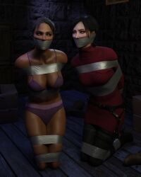 2girls 3d ada_wong bondage boots bound bound_arms bound_legs bra clothed_bondage dark_skin dark_skinned_female female_only fully_clothed fully_clothed_female gag gagged lord_kamski panties pantyhose purple_bra purple_panties resident_evil sheva_alomar tape_bondage tape_gag thigh_boots underwear