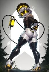 1boy ai_generated ass ass_focus bottomless bulge coat femboy feminine_male feminine_pose forest_background hat male male_focus metallic_body murder_drones n_(murder_drones) robot slim_waist slimy smile solo_male tail thick_thighs thong twink