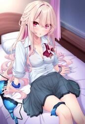 bed blue_nails bra cleavage female highres mana_(yoye_(pastel_white)) medium_breasts multicolored_hair on_bed original panties panties_around_one_leg pleated_skirt red_eyes school_uniform scrunchie shirt sitting skirt solo underwear unworn_bra yoye_(pastel_white)