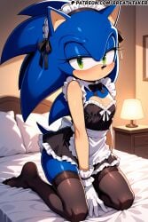 ai_generated bed bedroom blue_fur breathtaker furry furry_male green_eyes hi_res kneeling maid maid_dress maid_headdress maid_outfit maid_uniform on_bed shy sonic_(series) sonic_the_hedgehog sonic_the_hedgehog_(series) stockings