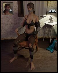 3d bikini black_bikini bound bound_arms bound_legs bound_to_chair gag gagged lord_kamski metal_gear_solid metal_gear_solid_v quiet_(metal_gear) swimsuit tape_bondage tape_gag taped_to_chair