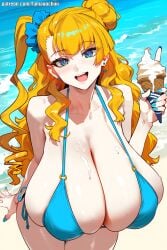 1girls ai_generated beach bending_over bent_over big_breasts bikini blonde_female blonde_hair blue_bikini breasts cleavage food galko galko-chan happy huge_breasts ice_cream large_breasts oshiete!_galko-chan outdoors skindentation solo summer tamagochiiii