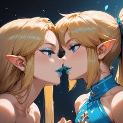 ai_generated blonde_hair blue_eyes blue_lipstick elf_ears erection eyeshadow female femboy link long_hair princess_zelda tagme the_legend_of_zelda the_legend_of_zelda:_breath_of_the_wild