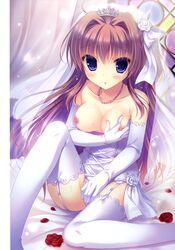 absurdres azuse_matsuri breasts bridal_veil brown_hair dress elbow_gloves female fingering flower garter_straps gloves hair_intakes highres kimi_e_okuru_sora_no_hana knee_up masturbation nipples panties petals purple_eyes rose rose_petals self_fondle sitting thighhighs underwear veil wedding_dress white_gloves white_legwear white_panties yukie_(peach_candy)