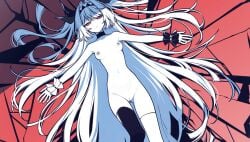 ai_generated asymmetrical_legwear breasts edit female hair_ornament lilith_(the_noexistencen_of_you_and_me) monochrome nude nude_female official_art pussy red_eyes ribbons solo the_noexistencen_of_you_and_me thighhighs twintails white_hair white_skin