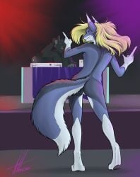 absurd_res anthro ass blonde_hair blue_body blue_fur canid canine canis charity_cross commandercross dancing dipstick_ears ear_markings female fur genitals hair hi_res mammal multicolored_ears nude pussy rear_view solo tail wolf