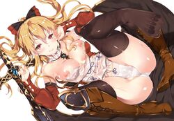 ass black_legwear blonde_hair boot_removed boots breasts brown_boots cleavage detached_collar detached_sleeves feet female granblue_fantasy hair_ribbon high_heels knee_boots knees_on_chest long_hair looking_at_viewer lying nipples no_bra on_back panties red_eyes ribbon shiny shiny_skin shoes_removed simple_background single_boot single_shoe smile solo spread_legs sword tachibana_yuu thighhighs underwear vira_lillie weapon white_background white_panties