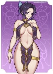 2010s 2018 2d 2d_(artwork) 2d_artwork bare_arms bare_breasts bare_legs bare_midriff bare_shoulders bare_thighs barefoot belly_button belly_dancer belly_dancer_outfit blush blushing_at_viewer blushing_female bracelet breasts_covered brooch butterfly_hair_ornament cleavage cloth collar compact_body curvy curvy_body curvy_female curvy_figure curvy_hips curvy_thighs dancer dancer_class dancer_girl dancer_outfit demon_slayer eyelashes gold_(metal) gold_bracelets gold_brooch gold_collar gold_jewelry gold_thigh_ring gold_thighlet gold_thong golden_bracelets golden_collar golden_thigh_ring golden_thong hair_ornament harem harem_girl harem_jewelry harem_outfit hourglass_figure hourglass_figured_female inner_sideboob light-skinned_female light_skin lipstick loincloth medium_boobs medium_breasts metal_collar midriff navel pink_lips pink_lipstick purple_background purple_cloth purple_eyed purple_hair purple_hair_ornament purple_loincloth purple_topwear redjet short_hair sideboob slave slave_bikini slave_collar slave_outfit slavegirl thick_thighs thigh_cuffs thigh_ring thighlet thong thong_bikini thong_panties tied_hair