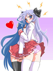 2girls ahoge ass black_legwear blue_eyes blue_hair blush breast_smother breasts female hair_ribbon heart human kagami_hiiragi konata_izumi long_hair lucky_star multiple_girls panties pantyshot purple_hair ribbon sakura_ryuuken school_uniform seifuku serafuku smothering sweatdrop thighhighs tied_hair twintails underwear very_long_hair white_legwear yuri zettai_ryouiki