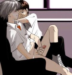 2boys censored chibigou clothed_masturbation clothing gay kaworu_nagisa male male_only masturbation neon_genesis_evangelion penis shinji_ikari sitting tagme yaoi