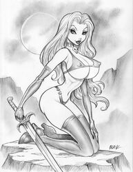 1girls bikini black_and_white bra breasts busty chaos_comics choker cleavage deacon_black erect_nipples female female_only high_heel_boots high_heels lady_death nipples panties sketch skull skull_choker solo sword tagme thighhigh_boots voluptuous weapon