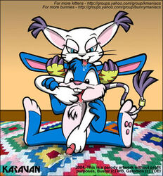 2004 anthro barefoot buster_bunny crossover cum digimon ear_grab footjob front_view furry furry_ears gatomon indoors interspecies krezz_karavan long_ears male mammal nude penis rabbit saliva sitting spread_legs tiny_toon_adventures