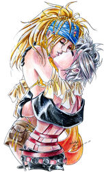 2girls female final_fantasy final_fantasy_x final_fantasy_x-2 kissing multiple_girls paine rikku traditional_media yuri