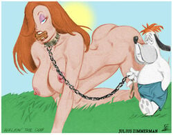 2004 all_fours artist_name artist_signature ass big_breasts bondage colored crossover disney dog dog_treat droopy english_text eyeshadow hair_over_one_eye jessica_rabbit julius_zimmerman leash_and_collar long_hair long_red_hair nipples nude nude_female red_hair tex_avery text who_framed_roger_rabbit zoophilia