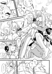 animal_ear boots closed_eyes comic doujinshi female firefox firefox-tan fox_ear french_kiss headset heart holding_hands kissing licking mascot monochrome mozilla_thunderbird multiple_girls os-tan saliva saliva_trail site-tan thigh_boots thighhighs thunderbird-tan tongue translated wings yuri