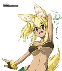 animal_ears arm_up armpit armpits bandeau blonde_hair blue_eyes bracelet breasts color denim denim_shorts female female_only genom gloves jewelry liru midriff oekaki onija_tarou pixel renkin_san-kyuu_magical_pokaan shorts solo tail wolf_ears wolf_tail