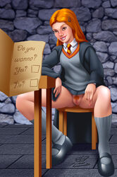 1girls clothing english english_text female female_only ginny_weasley gryffindor gryffindor_tie harry_potter no_panties oni_(artist) pantyless pubic_hair pussy robe skirt smile solo solo_female spread_legs tagme text upskirt witch_(harry_potter)